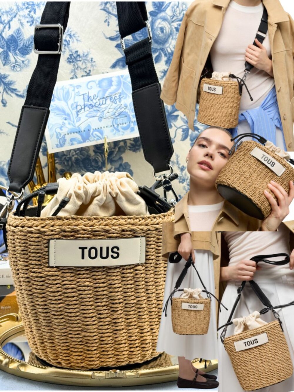 🆕 TOUS 🧿 NWOT Scoubidou Woven Drawstring Bucket Bag, Black & Raffia